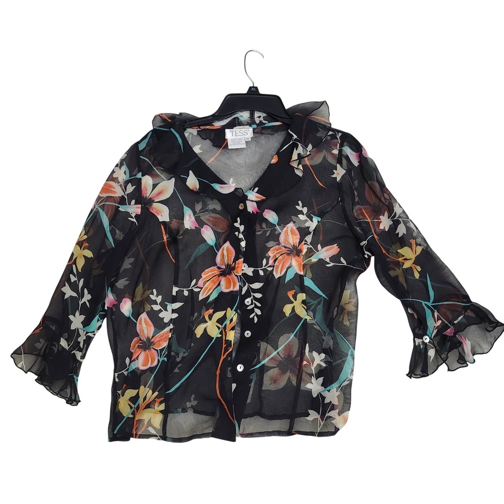 Tess Black Floral 100% Silk Sheer Chiffon Ruffle Bell Sleeve Blouse Fairy Sz 12